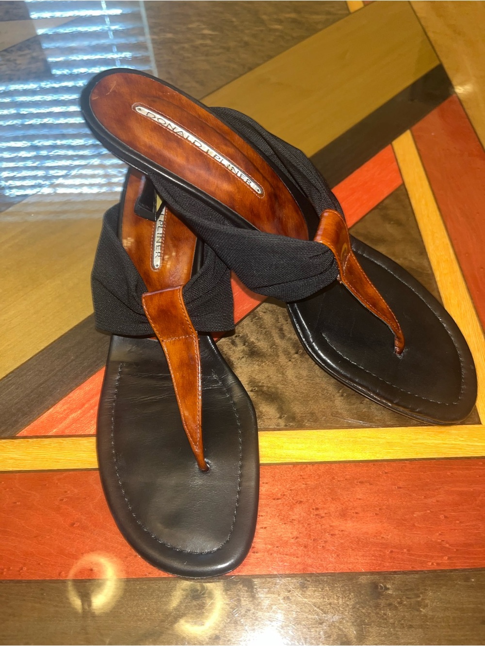 Donald J. Pliner Black and Brown Leather Thong Sandals